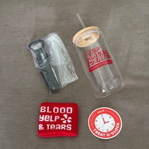 Yelp Swag Wristband + Bottle Opener + Glass Tumbler + Sticker Set